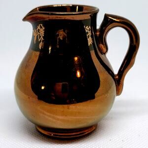 Vintage Copper Luster Ware 2.5"x2.5" Gibson Creamer Jug Green Band Gold Leaves